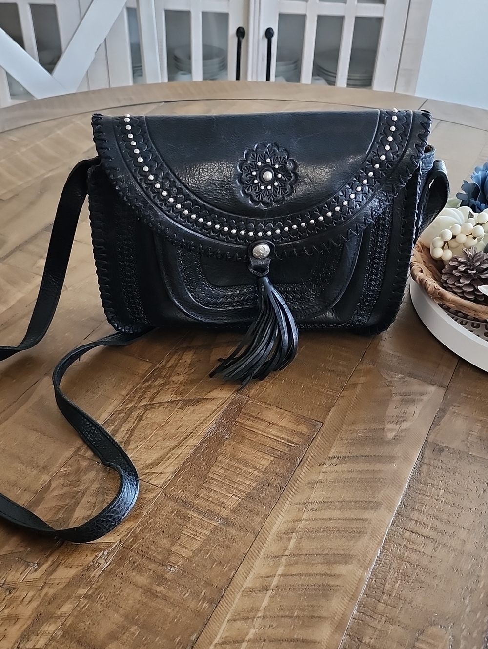 Patricia Nash Black Leather Studded Tassel Crossbody